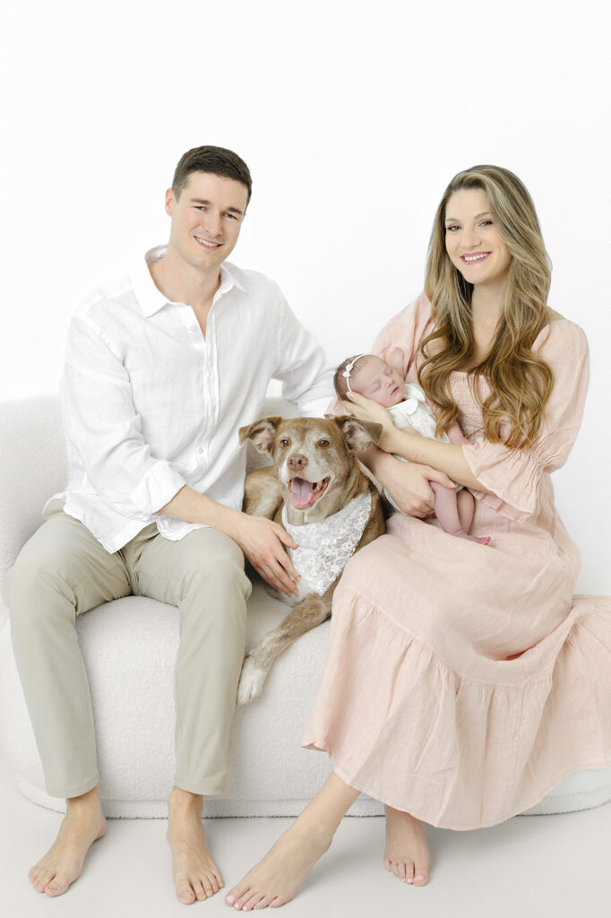 Flatiron newborn photographer, family of three with their dog at Heirloom by Melissa, NYC