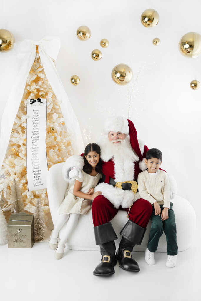 NYC Santa photos, girl in a cream tweed dress at Heirloom by Melissa, NYC