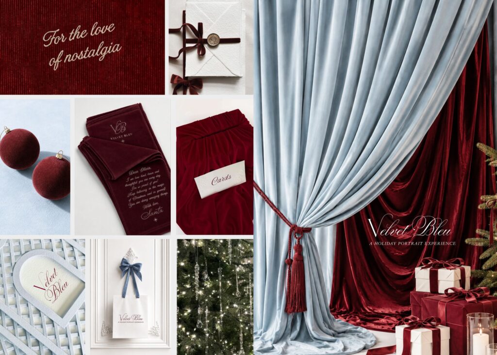 NYC holiday family photos Velvet Bleu announcement card on blue and burgundy velvet at Heirloom by Melissa Photography in Manhattan