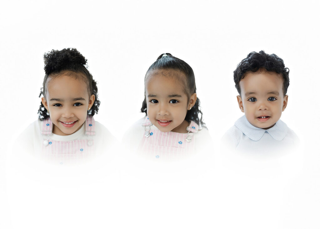 First birthday cake smash NYC, heirloom portraits of three siblings at Heirloom by Melissa, Flatiron District