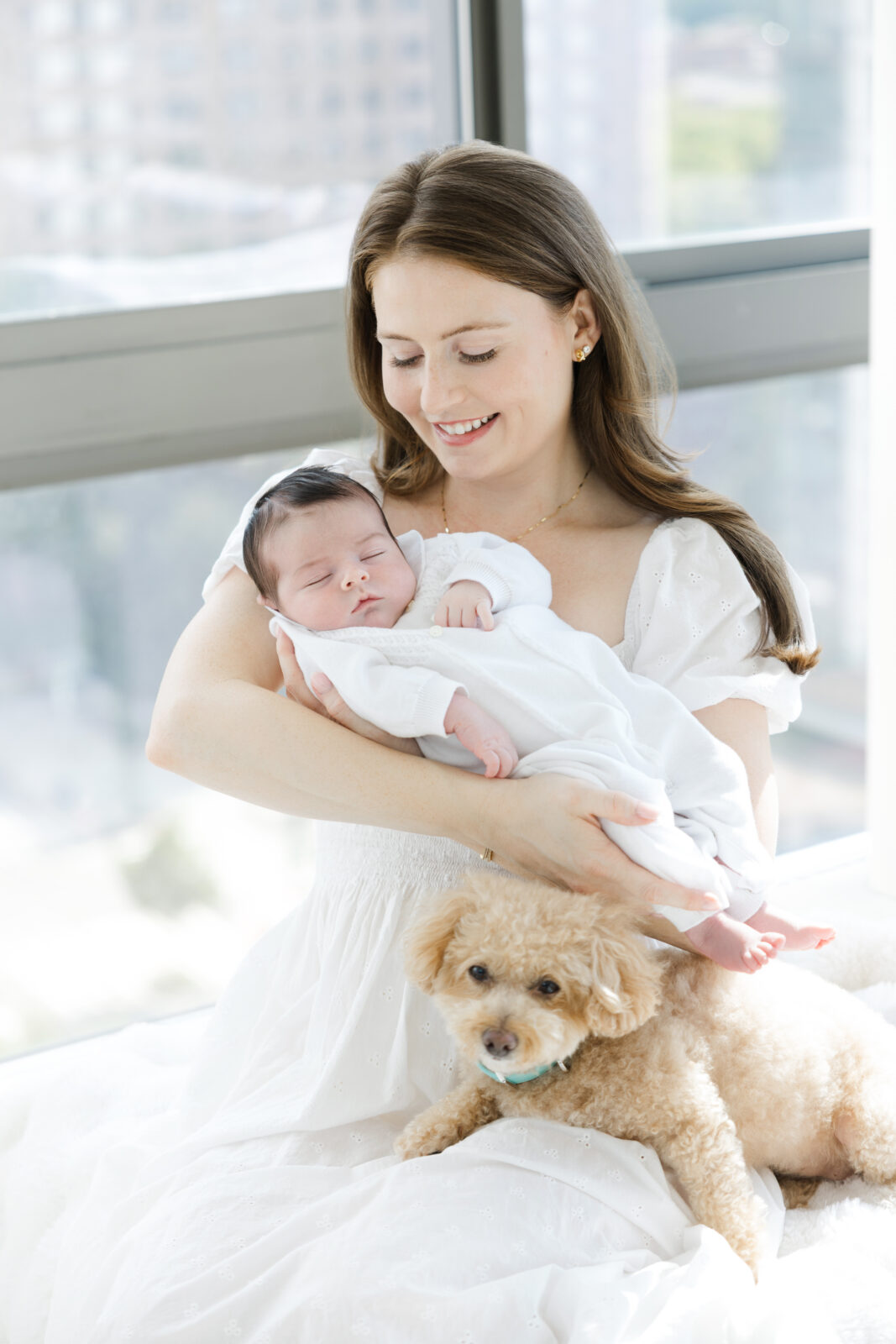 Newborn baby resting beside the family dog during an in-home session