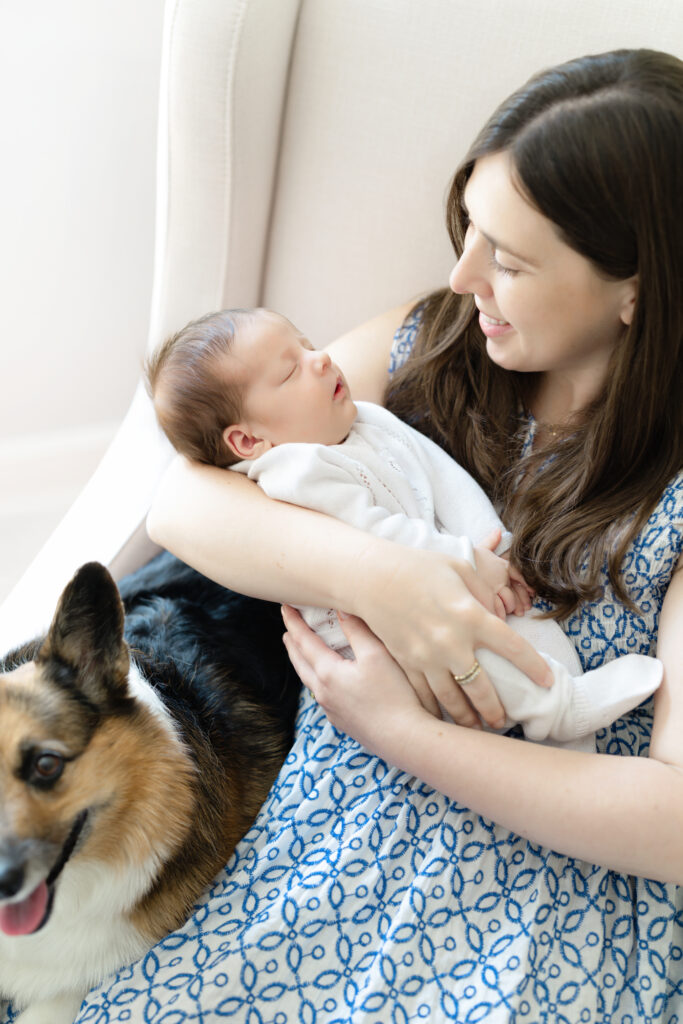 Mother holding her newborn baby with the family corgi beside them