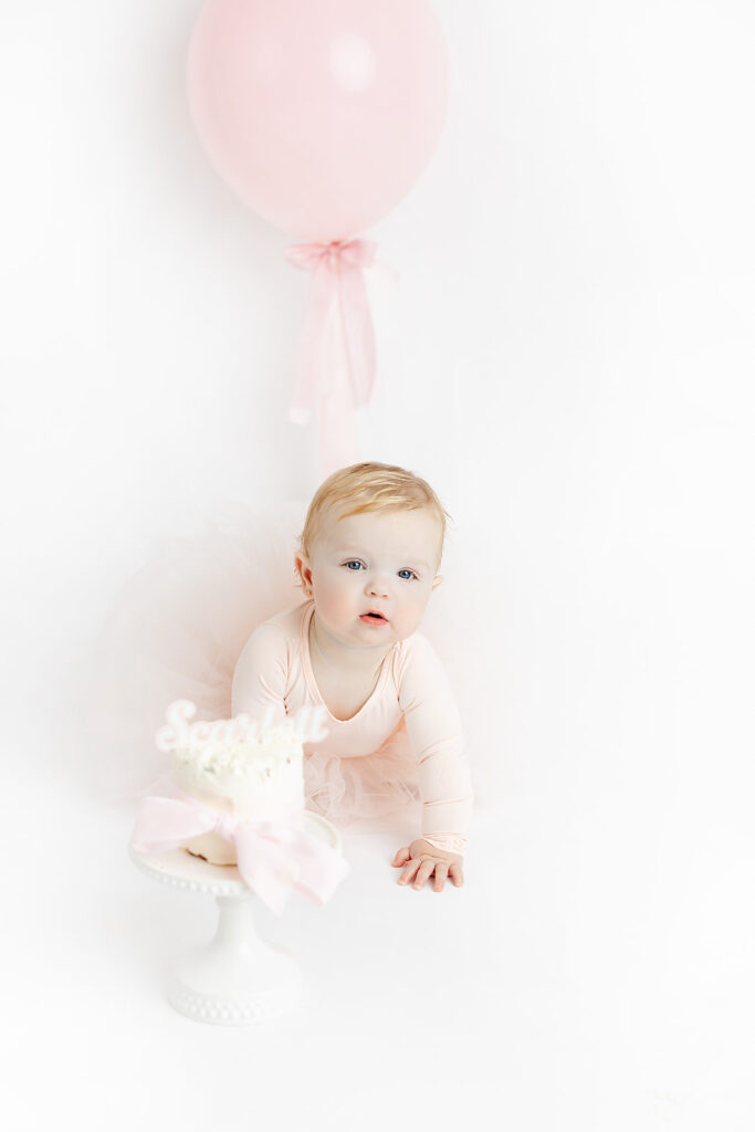 Smiling baby girl in a pink tulle dress during her first birthday portraits